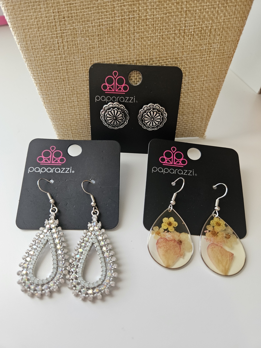 Lot Of 3 Paparazzi Silver Crystal Teardrop Earrings & Floral Teardrop Dangle